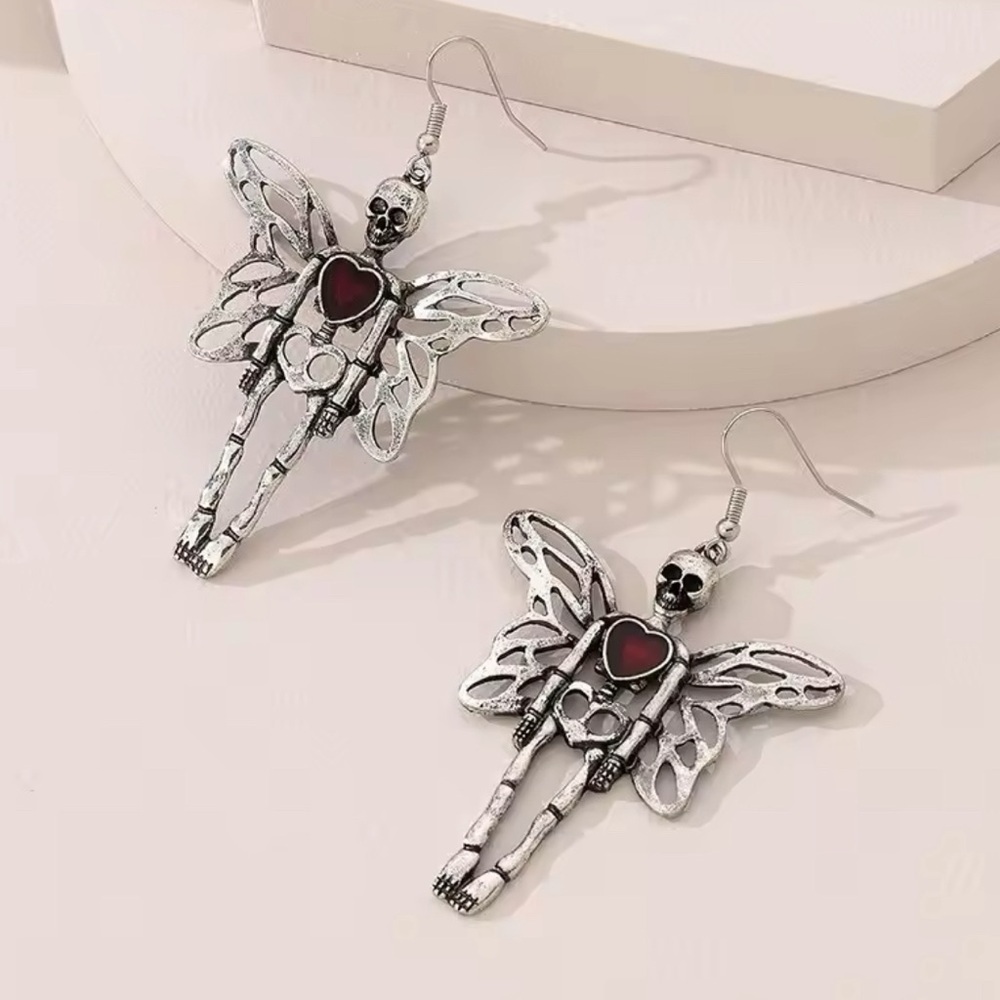 925 Sterling Silver Fairy Folk Skeleton Drop Earrings With Enameled Heart - Picture 3 of 6